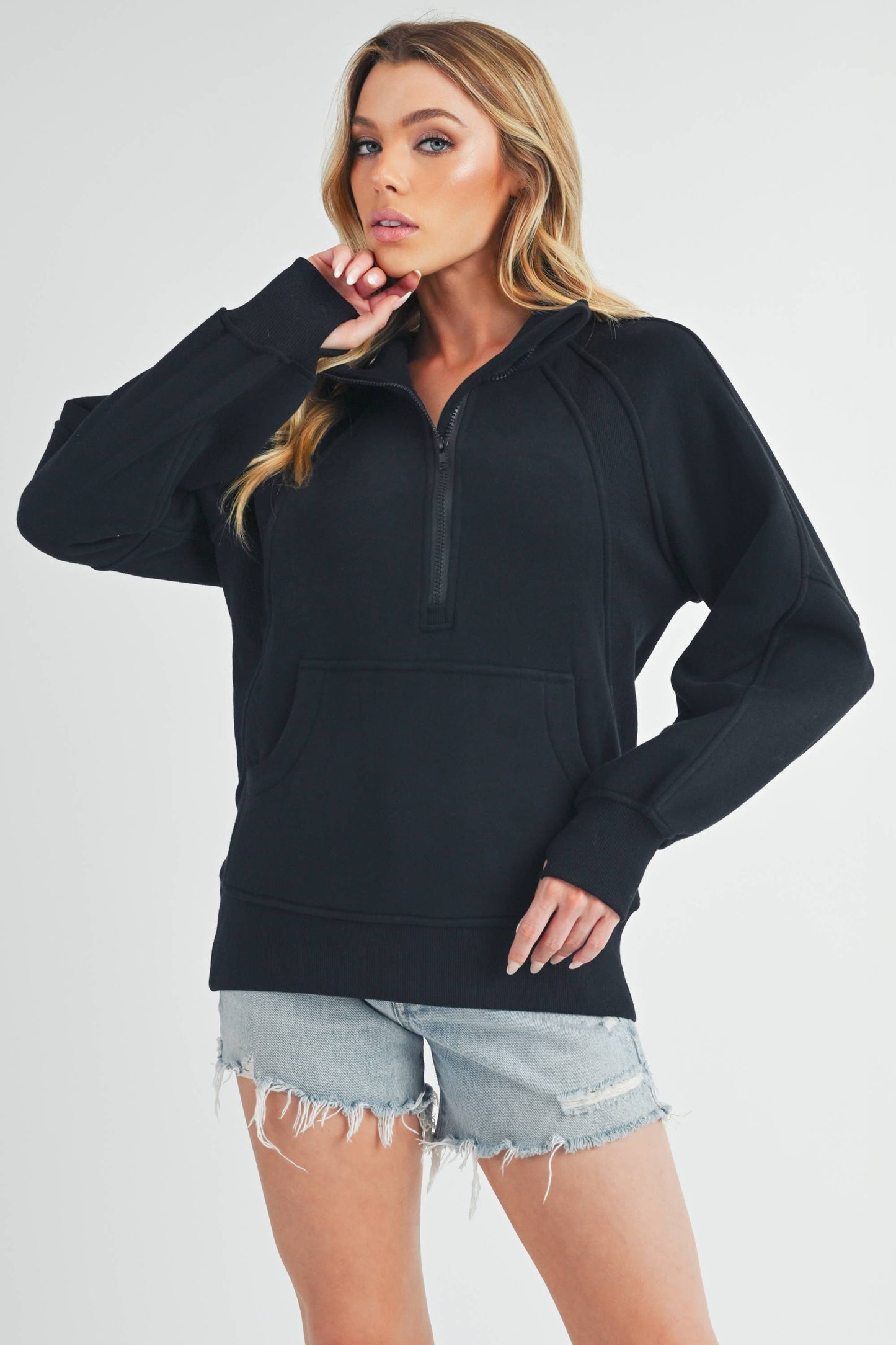 Funnel Neck Half Zip Pullover in Black