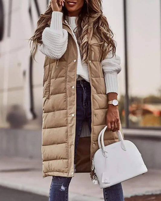 XL - Long Hooded Puffer Vest in Beige