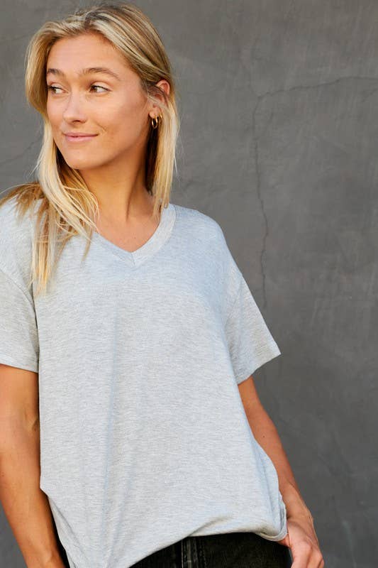 V Neck Soft Touched Basic Tee in Heather Grey