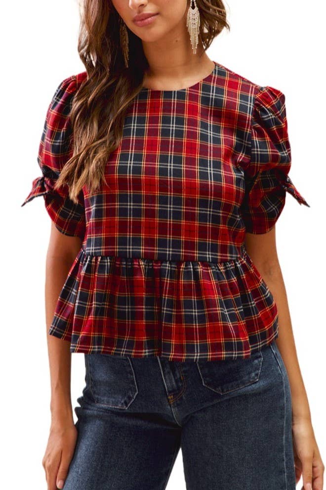 Christmas Plaid Short Sleeve Top in Red