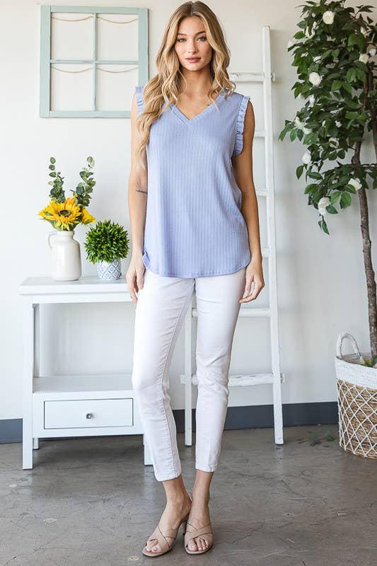 Ribbed Tank w/ Ruffle in Blue