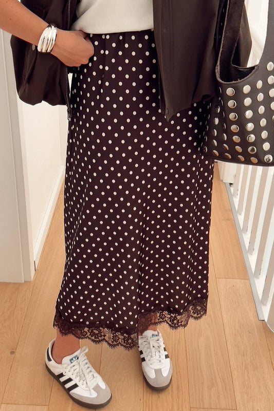 Polka Dot Lace Trim Skirt in Brown