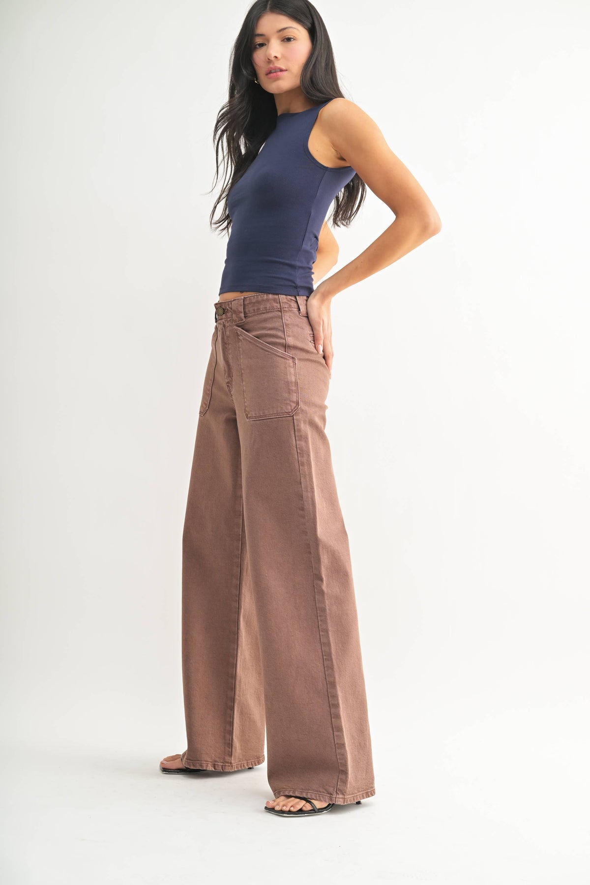 Patch Pocket Wide Leg Flare Denim in Brown