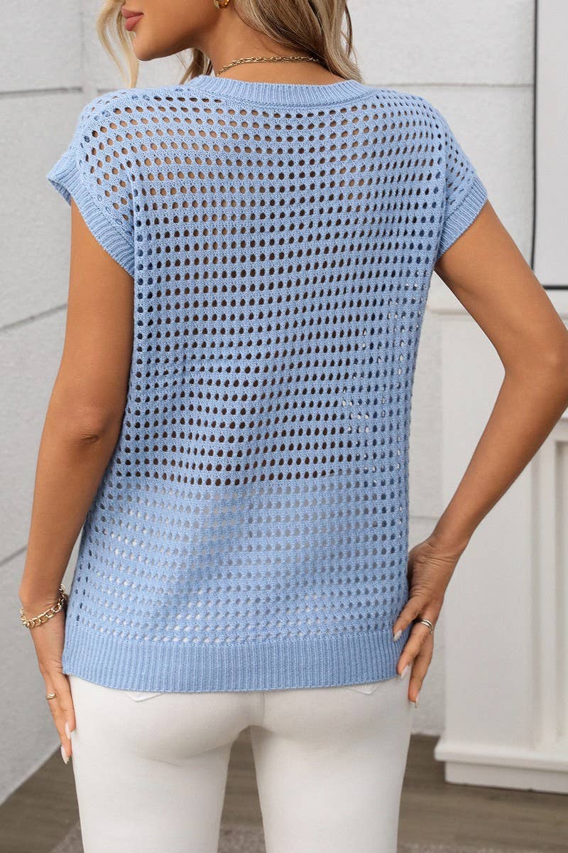 Hollow Knit Sweater Top in Light Blue