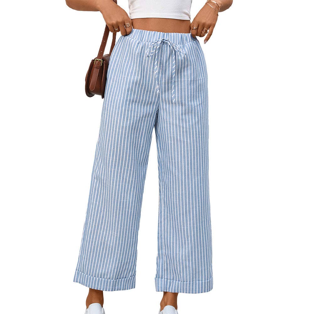 High Rise Striped Boho Palazzo Ankle Pants in Light Blue