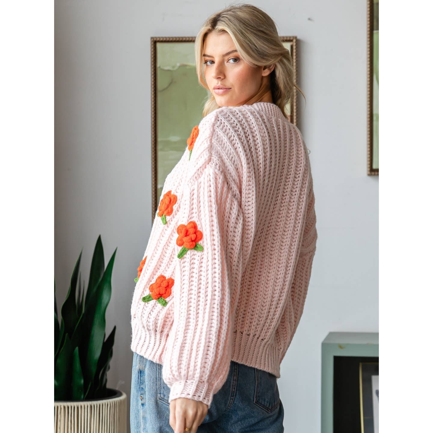 Flower Pom Cardigan in Salmon