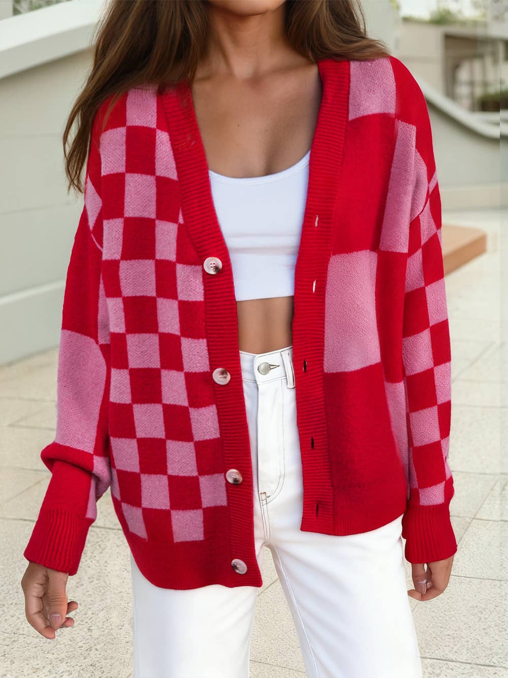 Checkered Cardigan in Pink/Red