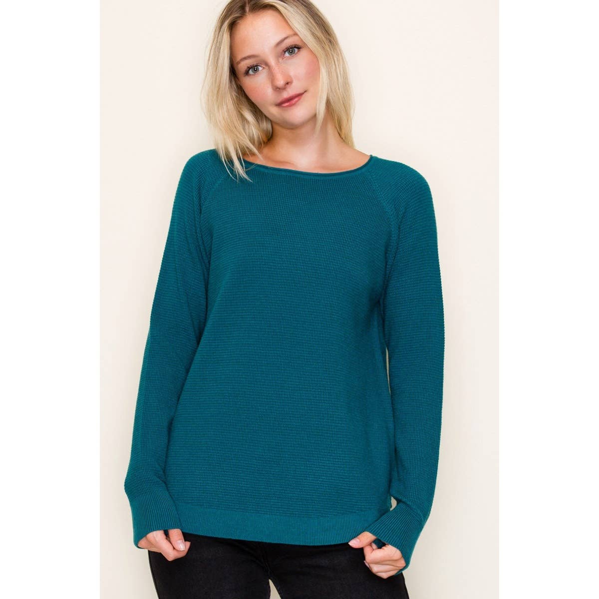 LARGE - Textured Waffle Sweater in Teal