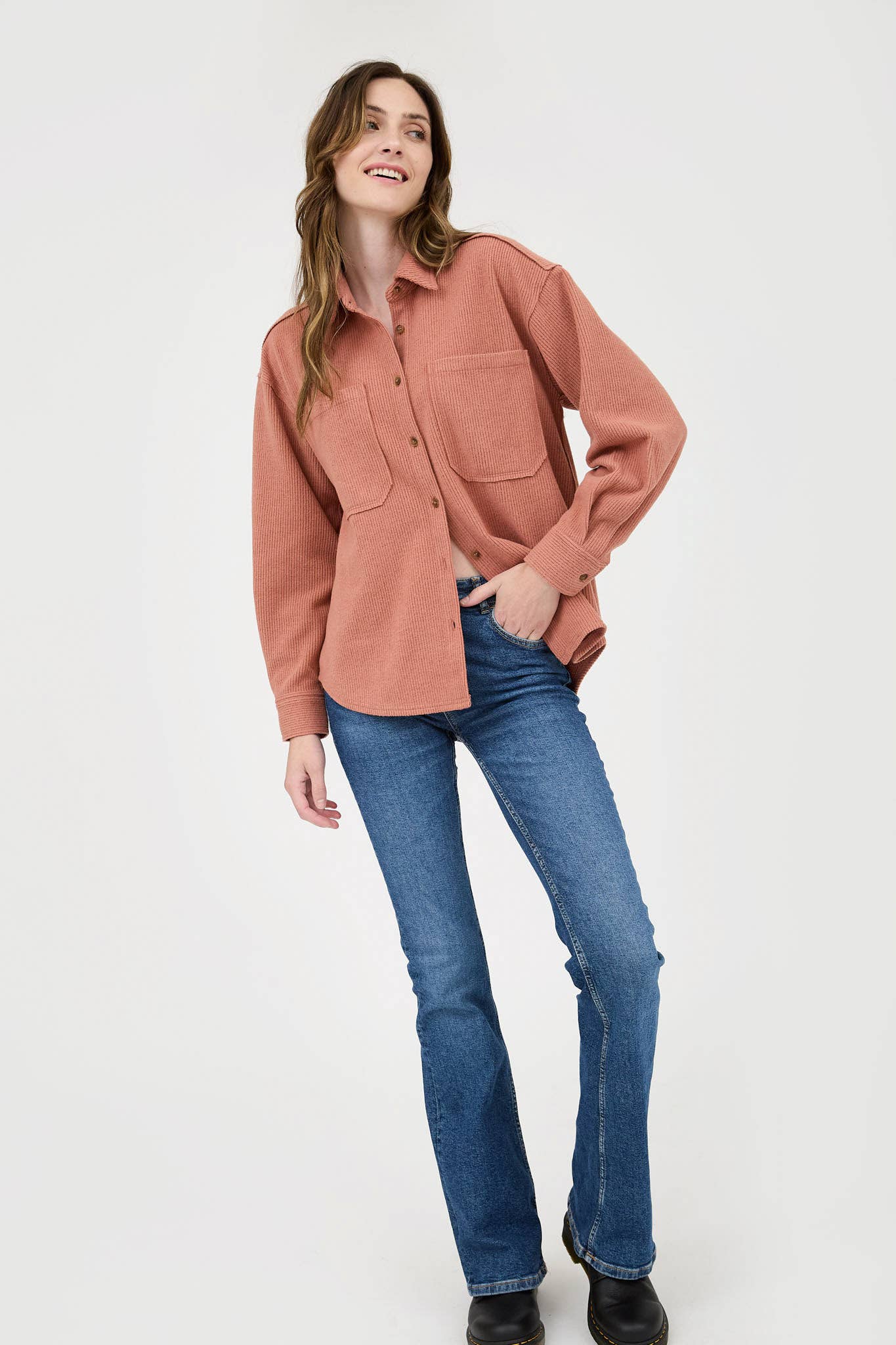 Exposed Seam Ribbed Button Up Top in Terracotta