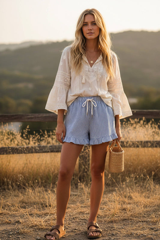 Checkered Ruffle Shorts in Blue