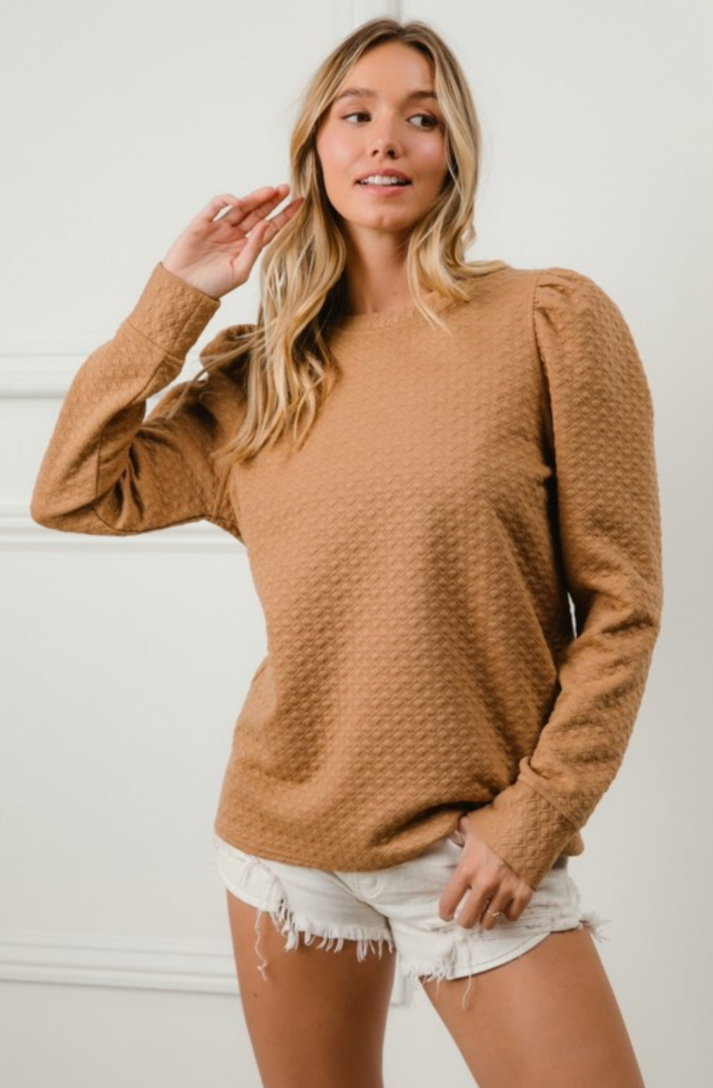 Embossed Puff Sleeve Top in Brown