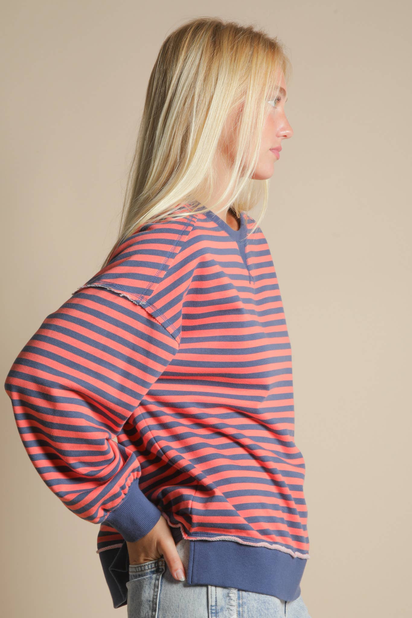 Stripe Casual Oversized Top in Coral/Navy