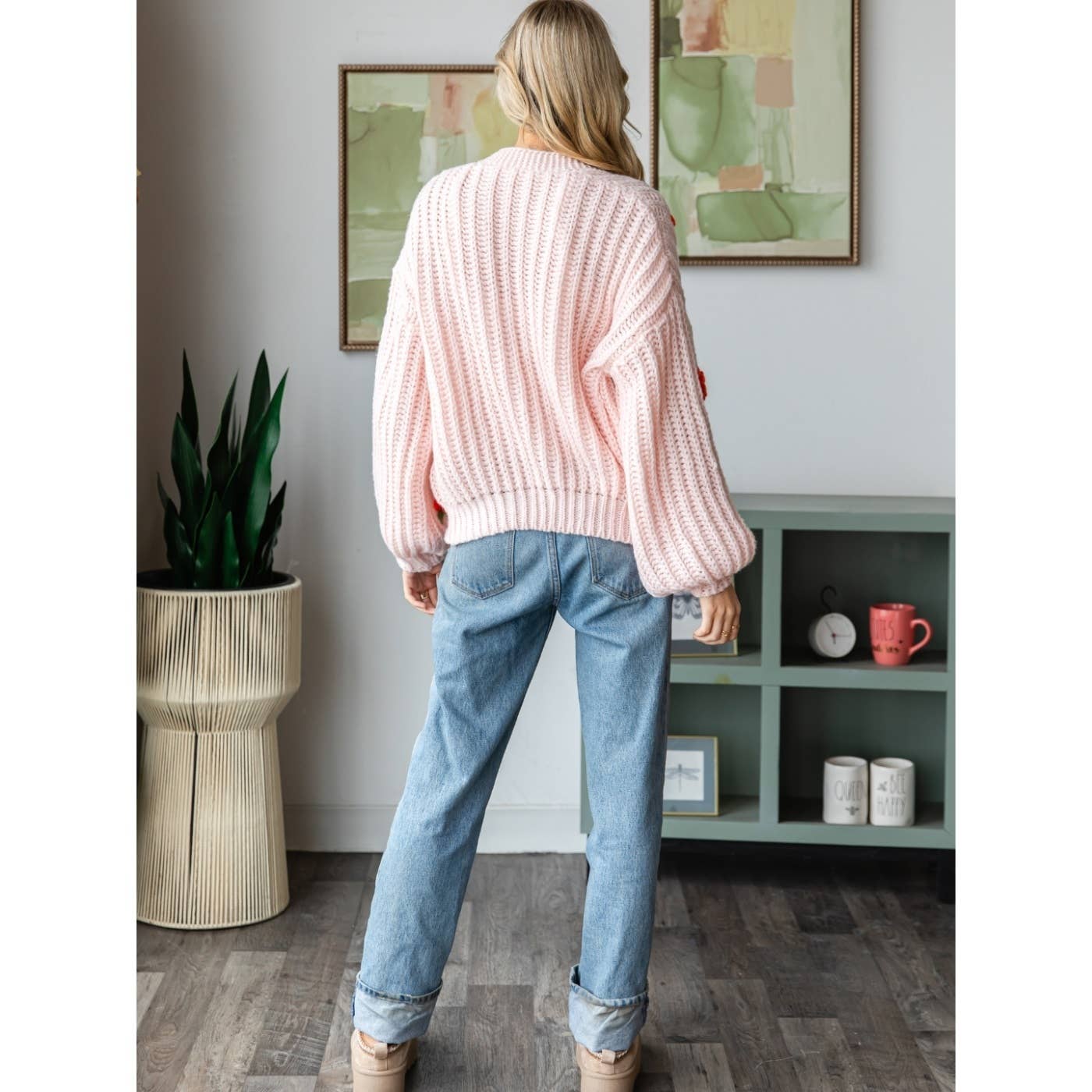 Flower Pom Cardigan in Salmon