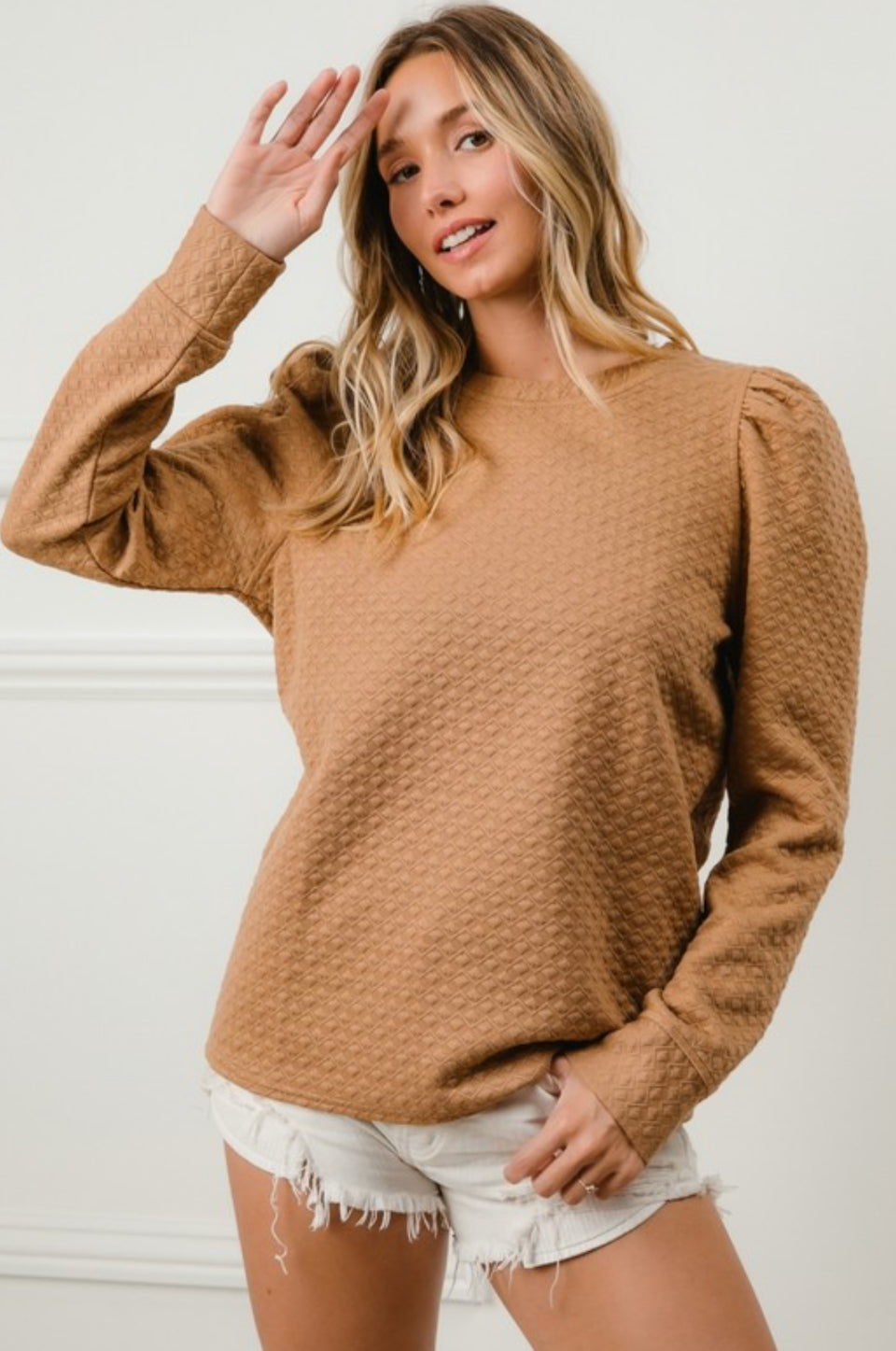 Embossed Puff Sleeve Top in Brown