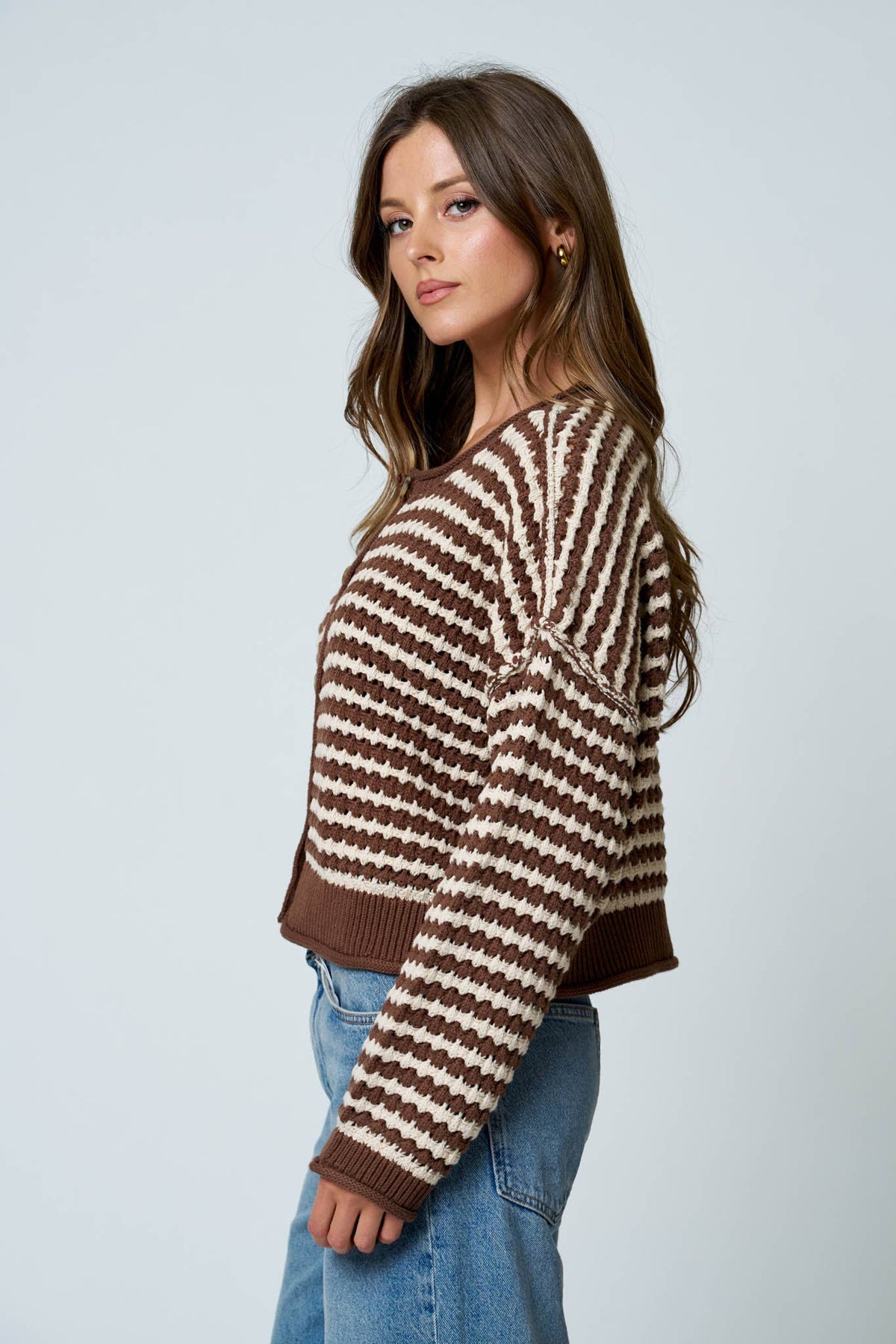 Textured Crochet Button Cardigan in Brown
