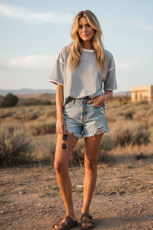 Striped Oversized Short Sleeve Top in Heather Grey