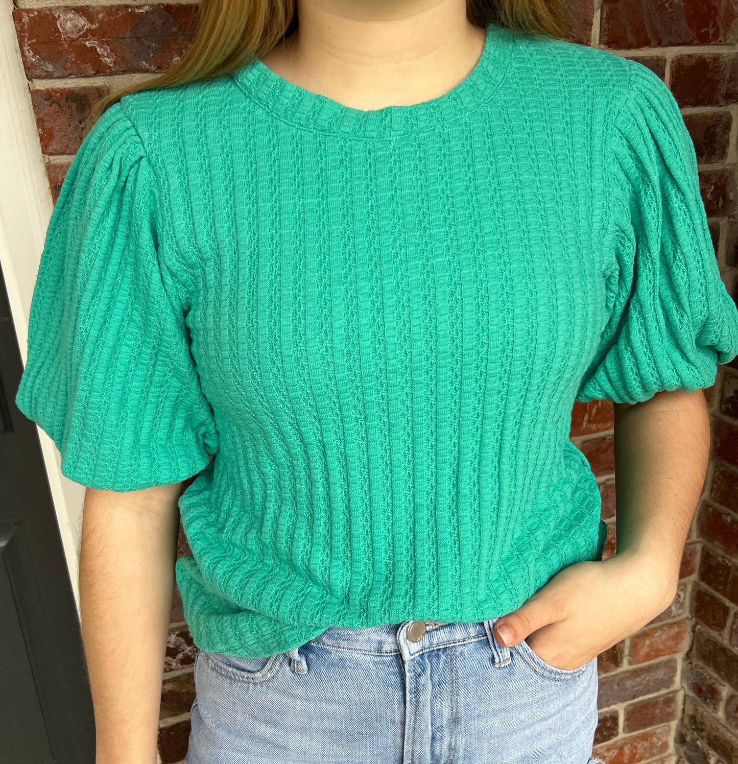 Puff Sleeve Textured Top in Emerald