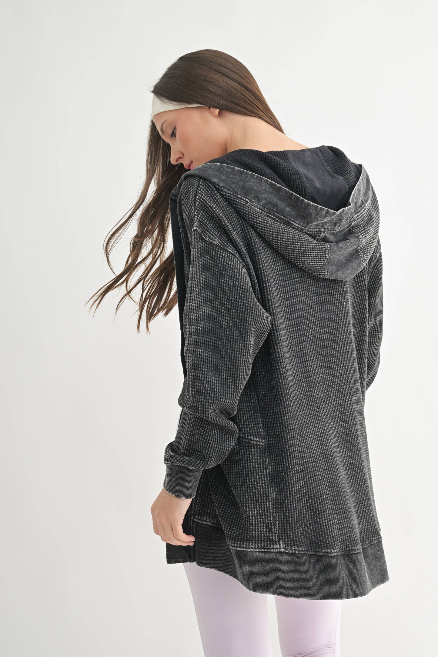 Mineral Washed Waffle Cardigan in Black