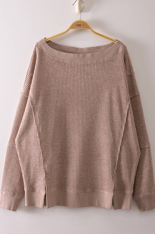 Boat Neck Waffle Top in Mocha