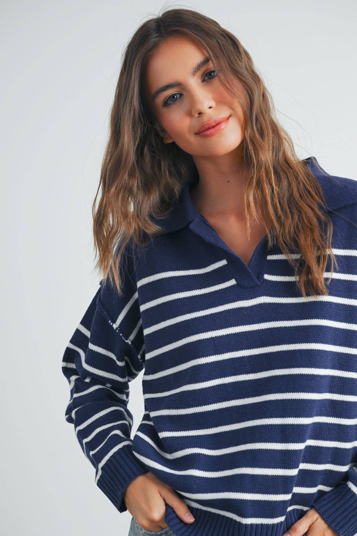 V Neck Striped Sweater in Navy