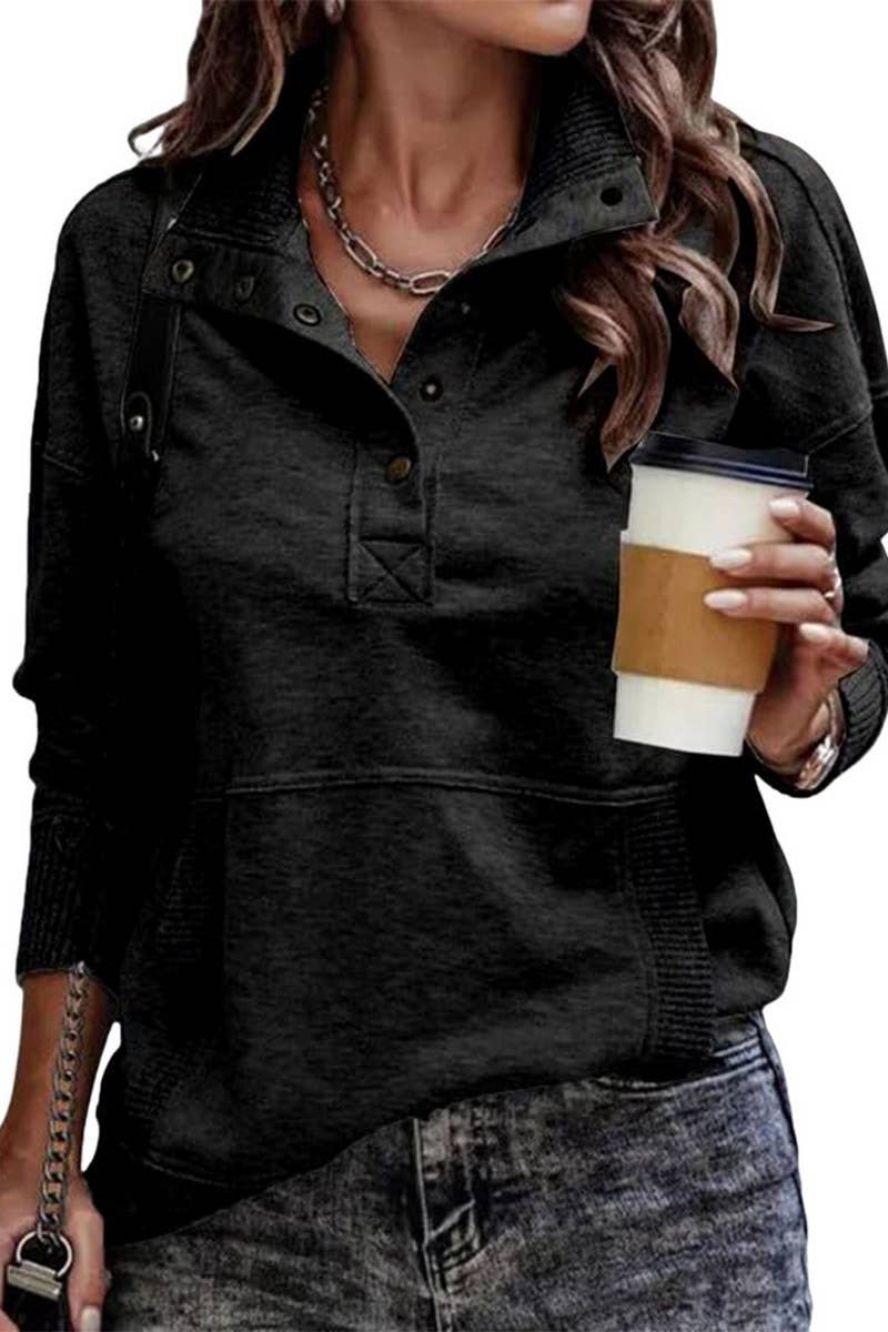 Collared Button Pullover in Black