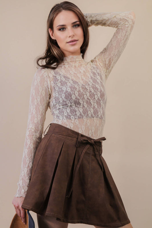 High Neck Fitted Sheer Lace Top in Champagne