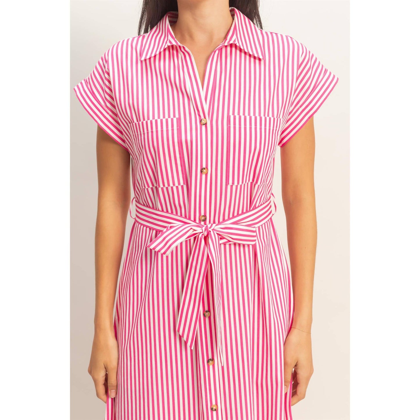 Striped Poplin Belted Dress With Pockets in Pink