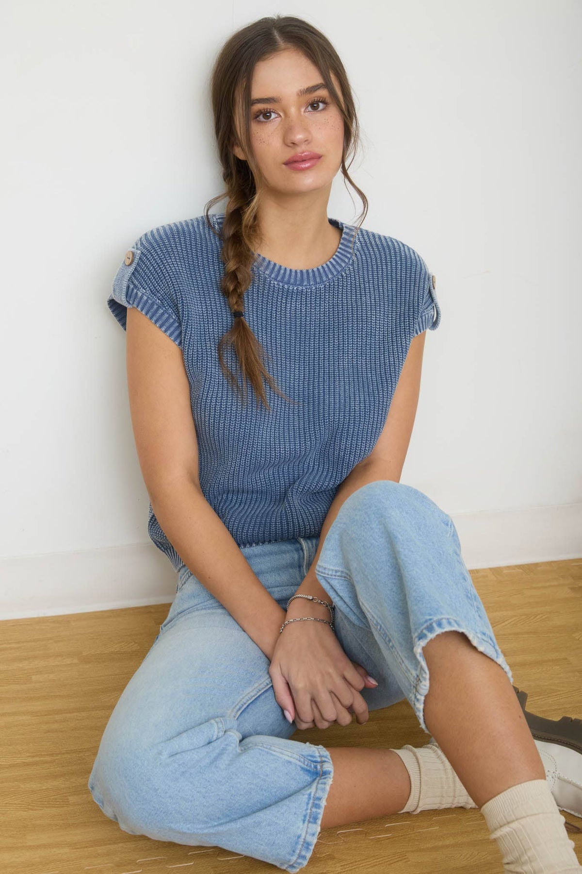 SMALL Acid Washed Button Back Top in Blue