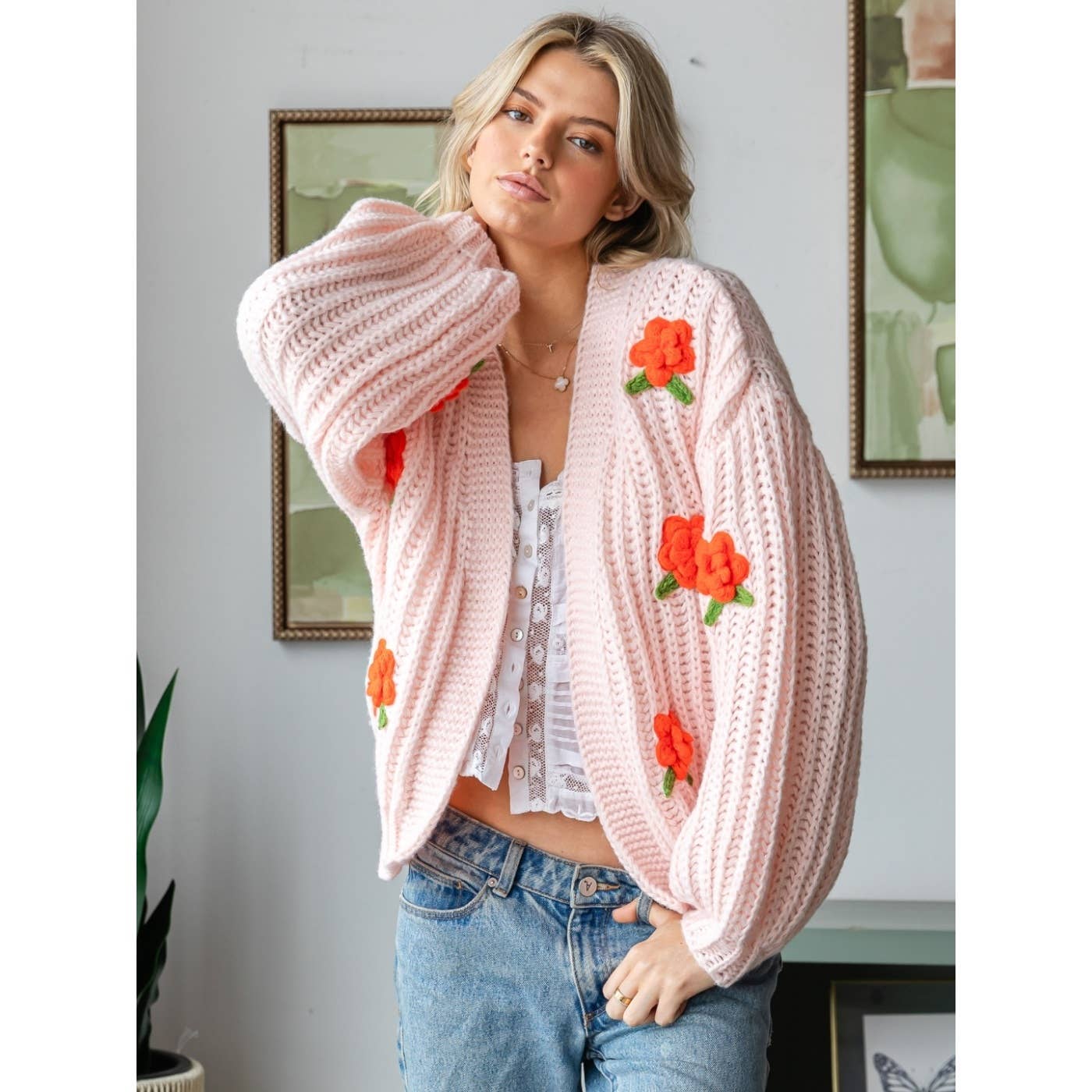 Flower Pom Cardigan in Salmon