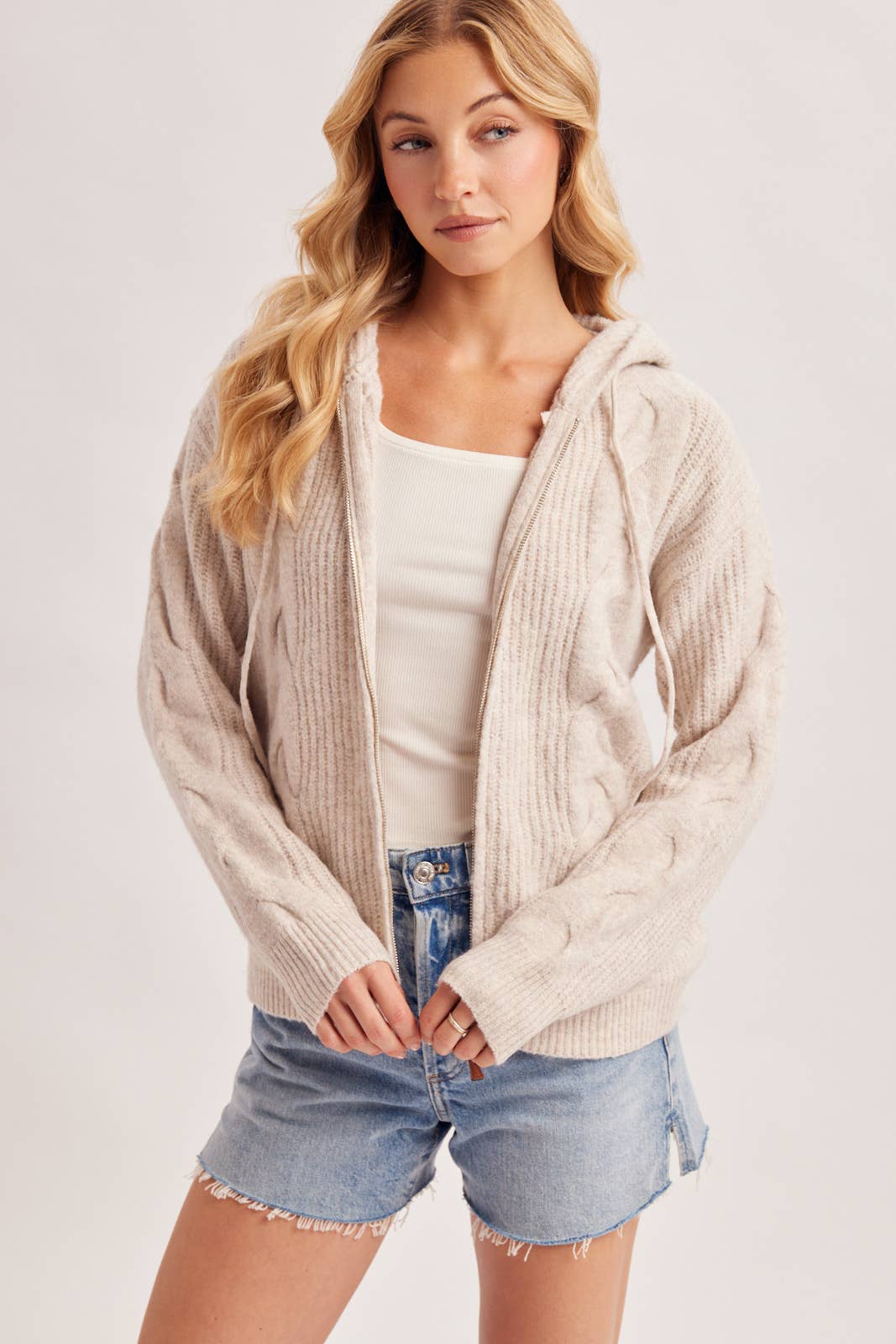 Zip Up Cable Knot Cardigan in Oatmeal