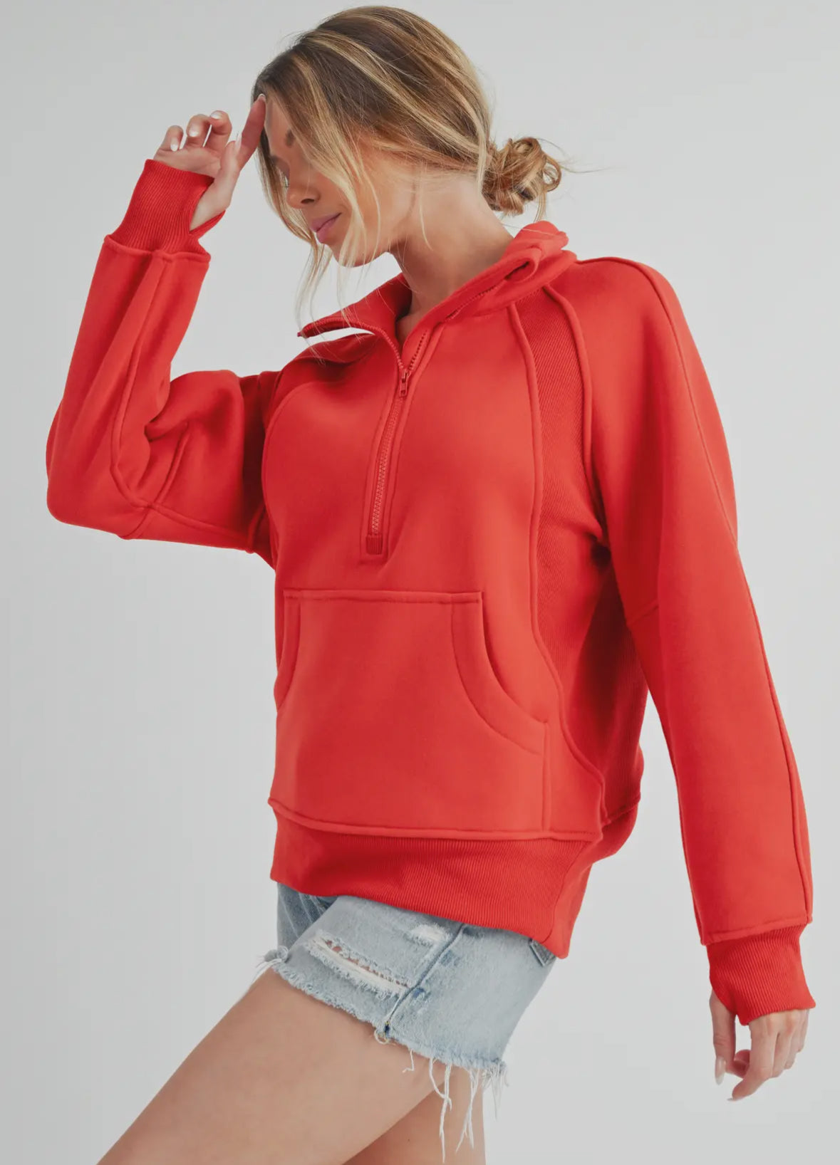 Funnel Neck Half Zip Pullover in Tomato