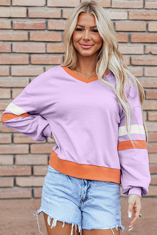 Contrast Rib Knit Drop Shoulder V Neck Sweatshirt in Orchid Bouquet