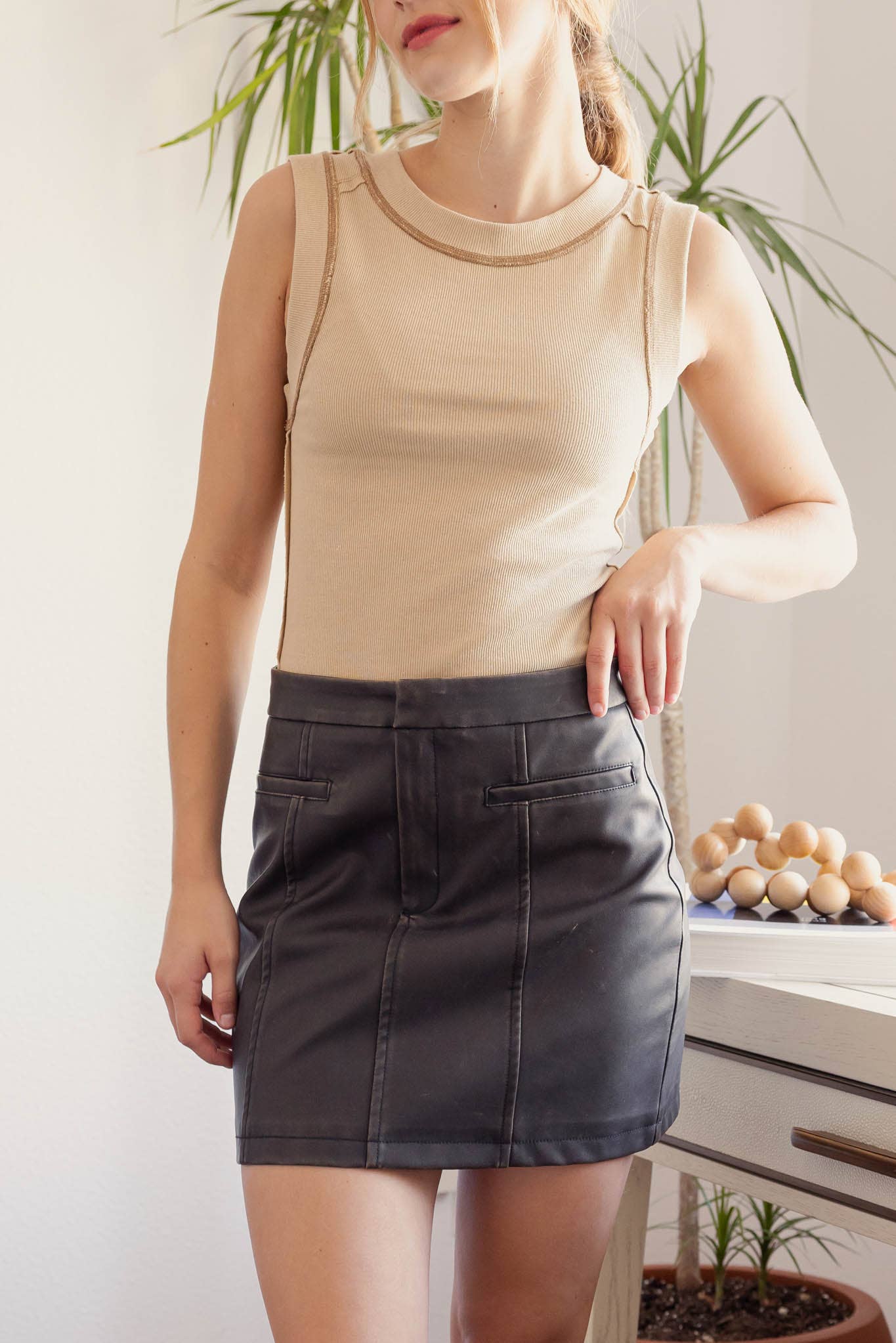 Faux Leather Mini Skirt in Dark Brown