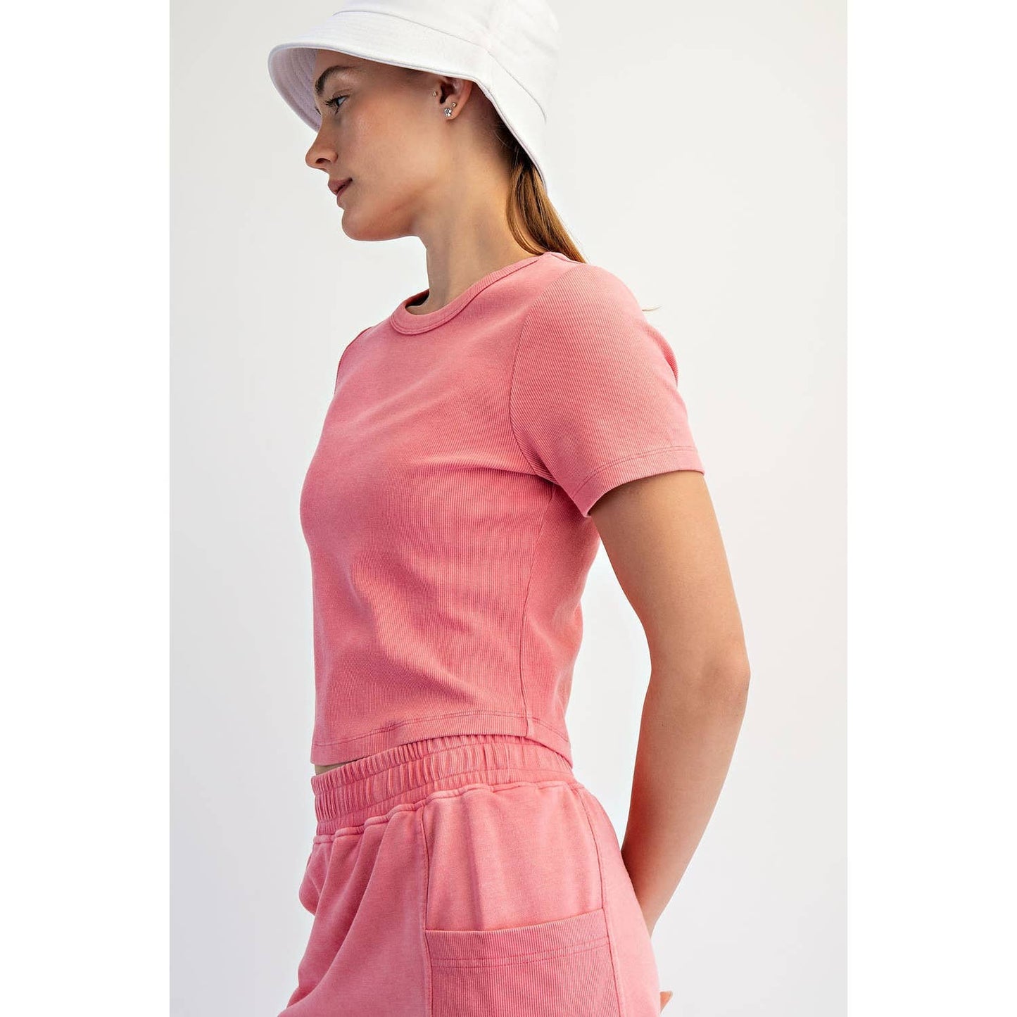 Mineral Wash Ribbed Crop Tee in Pink