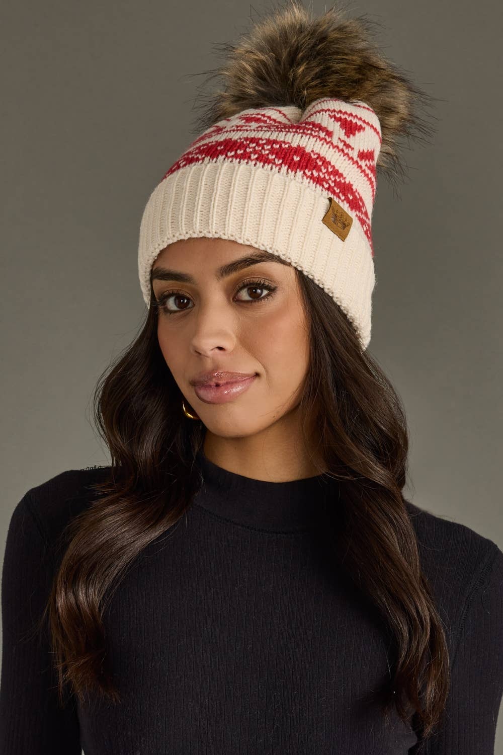 Cream & Red Patterned Pom Hat