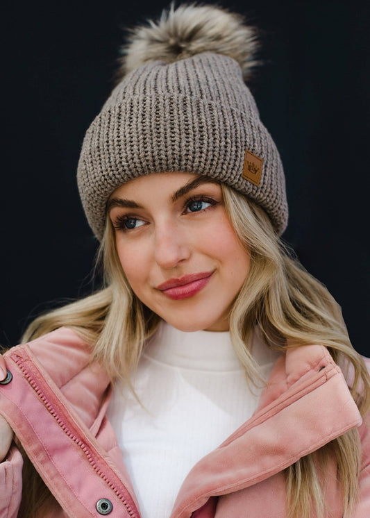 Mocha Cable Knit Pom Hat