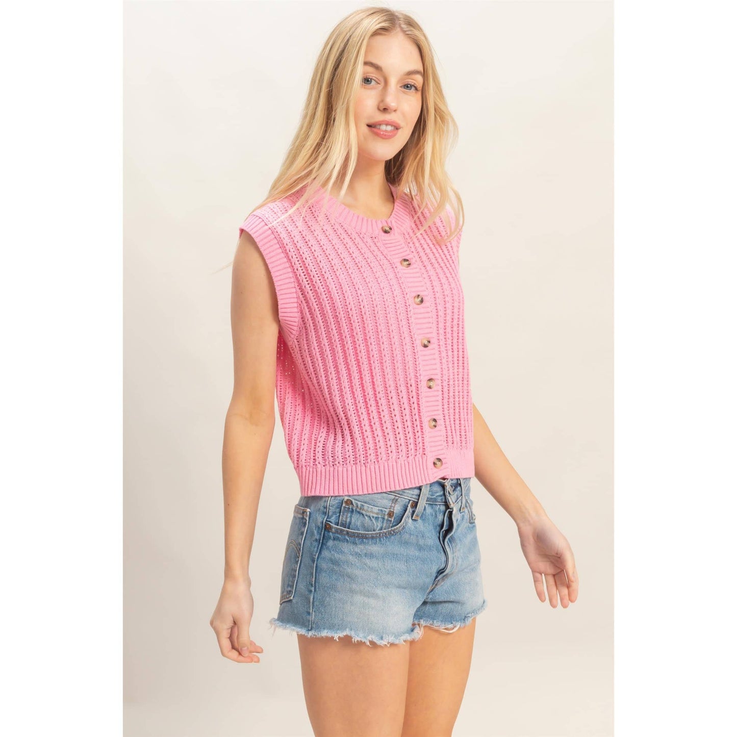Ribbed Button Tank in Pink