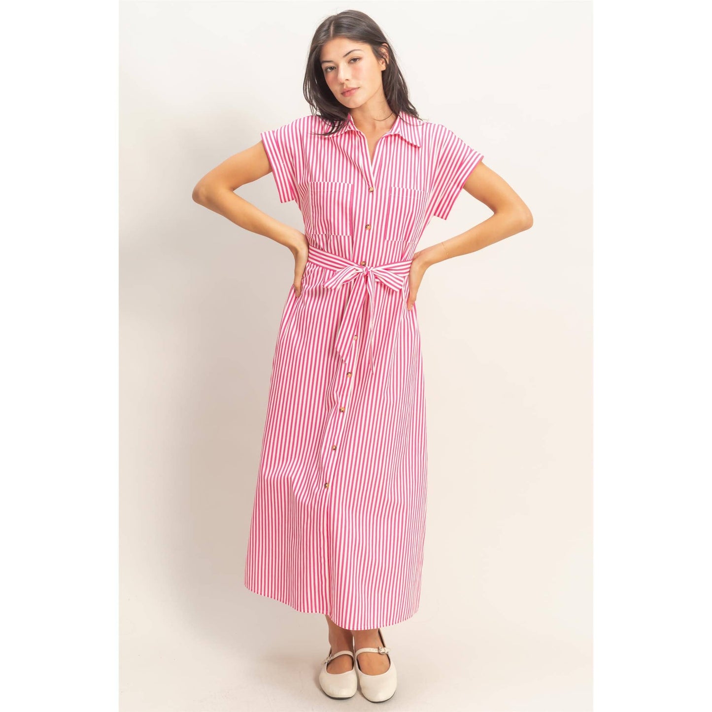 Striped Poplin Belted Dress With Pockets in Pink
