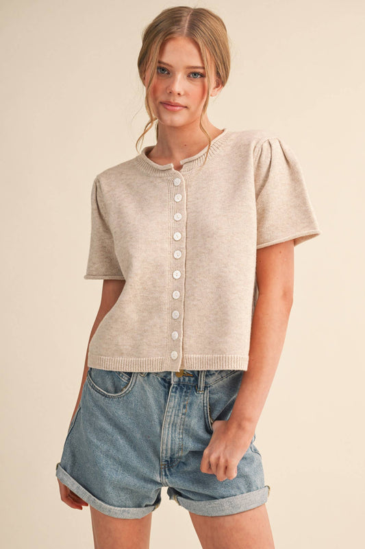Short Sleeve Sweater Cardigan in Beige