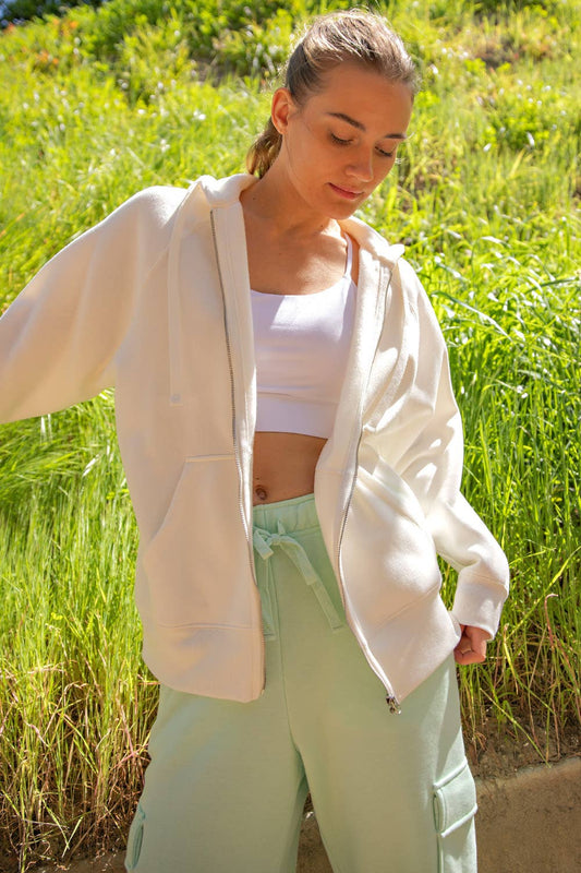 French Terry Fleece Zip Hoodie in Ivory