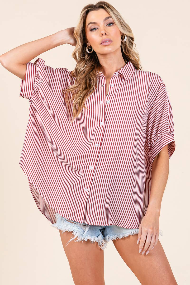 Oversized Short Sleeve Button Down Top in Red