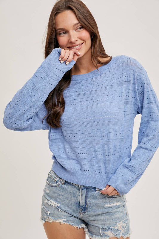 Open Knit Pullover Top in French Blue