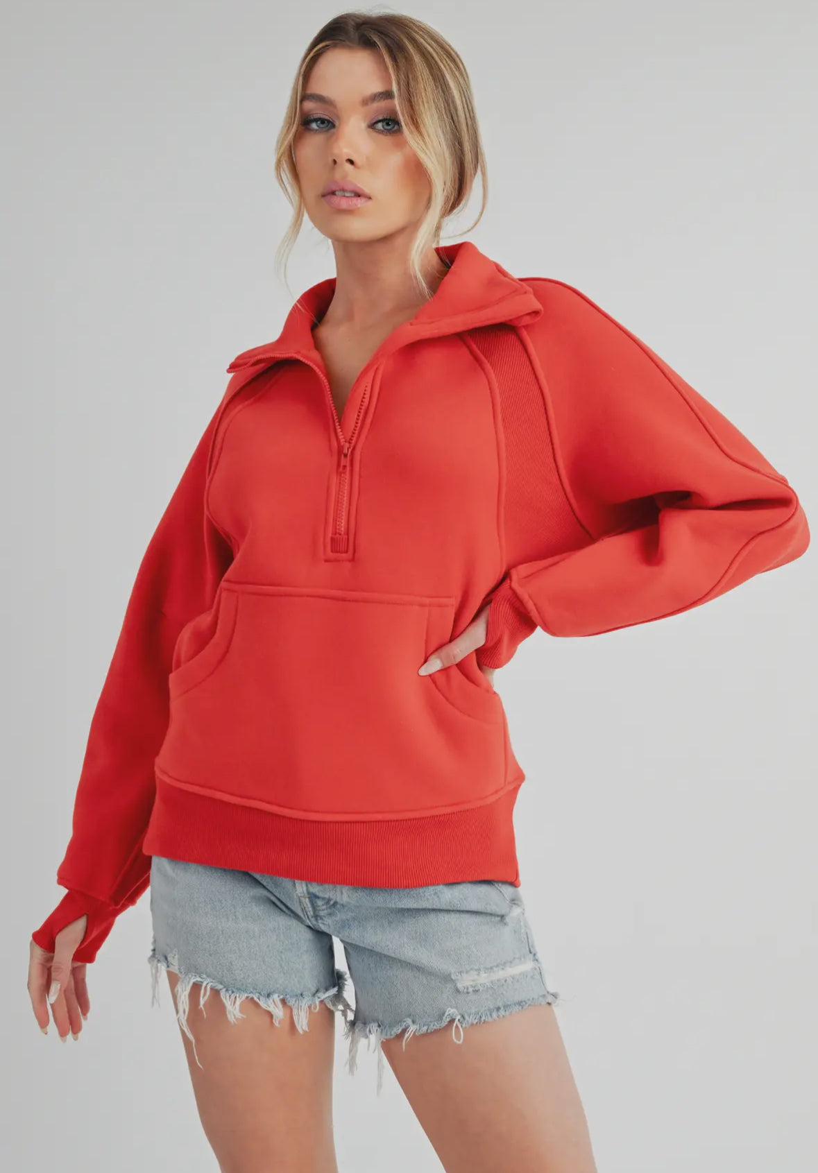 Funnel Neck Half Zip Pullover in Tomato