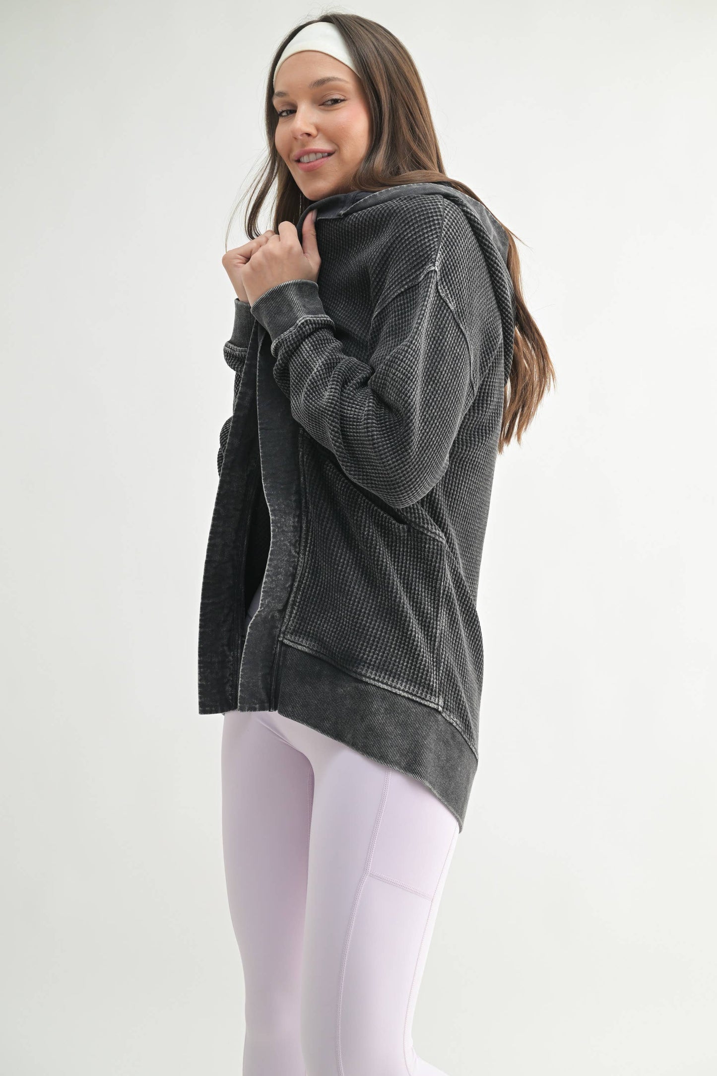 Mineral Washed Waffle Cardigan in Black