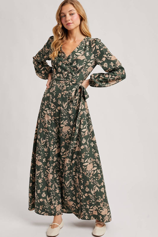 Floral Wrap Maxi Dress in Hunter Green