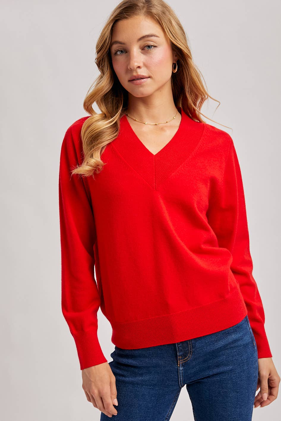 Ribbed V Neck Sweater in Red