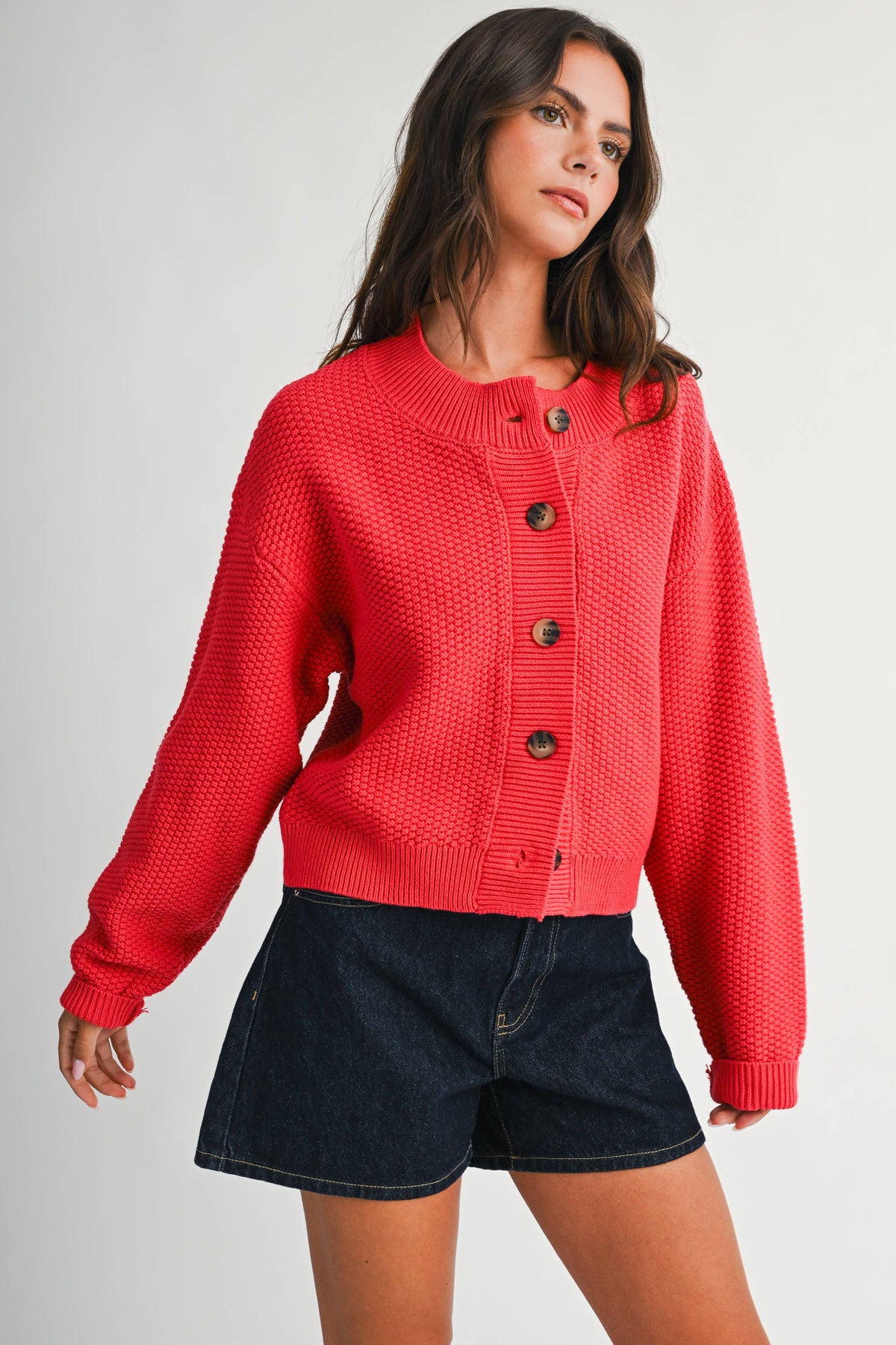 Textured Sweater Cardigan in Coral