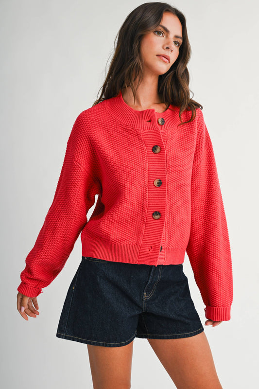 Textured Sweater Cardigan in Coral