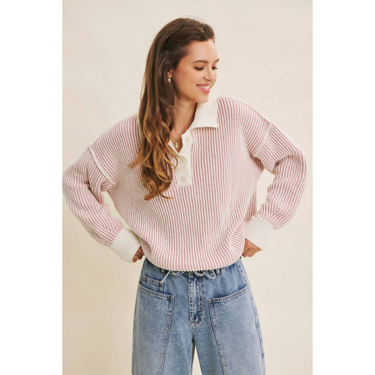 Textured Stripe Henley Sweater in Dusty Pink