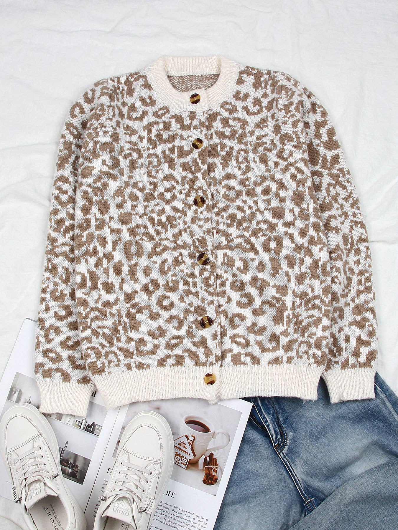 Slouchy Leopard Crew Cardigan in Apricot